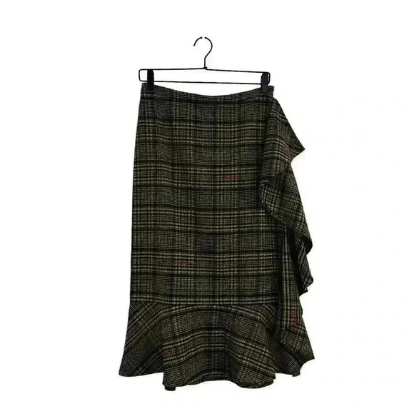 Leith Plaid Soft Tweed Midi Flare Skirt with Asymmetrical Ruffle Size Small - Picture 2 of 7